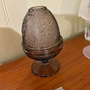 Intricate Floral Tiara Indiana Glass Fairy Lamp in Smoky Gray